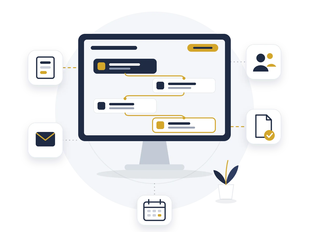 Illustration: Bildschirm mit einem automatisierten Ablauf, umgeben von Symbolen für Formular, E-Mail, Kontakte, Angebot und Termine