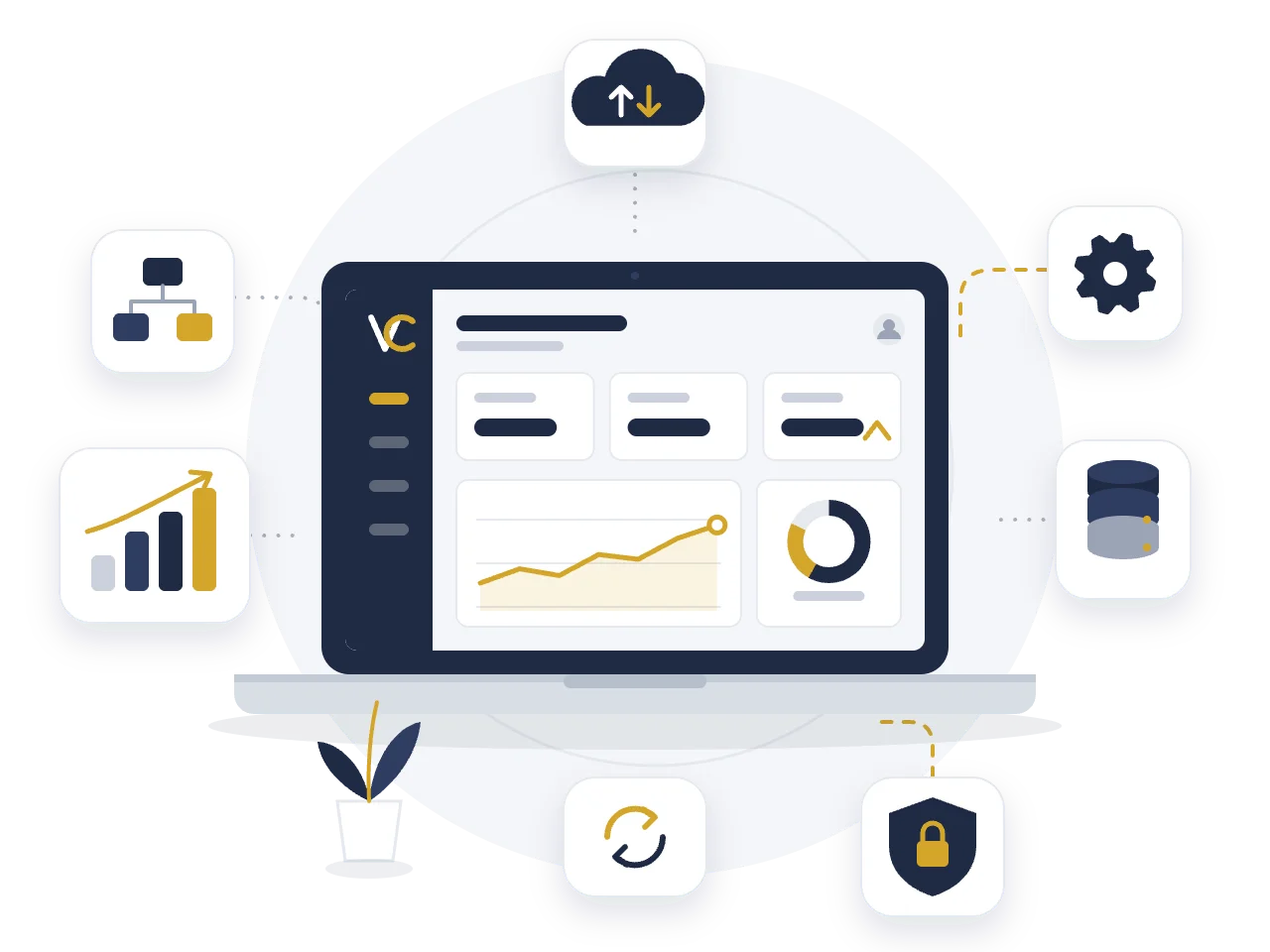 Illustration: Laptop mit CRM-Dashboard, umgeben von Symbolen für Cloud, Prozesse, Auswertungen, Datenbank, Sicherheit und Automatisierung